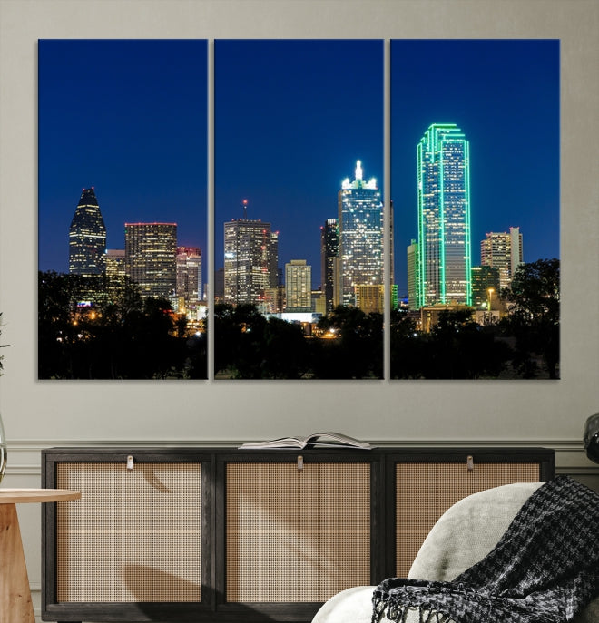 Dallas City Lights Night Blue Skyline Cityscape View Wall Art Canvas Print