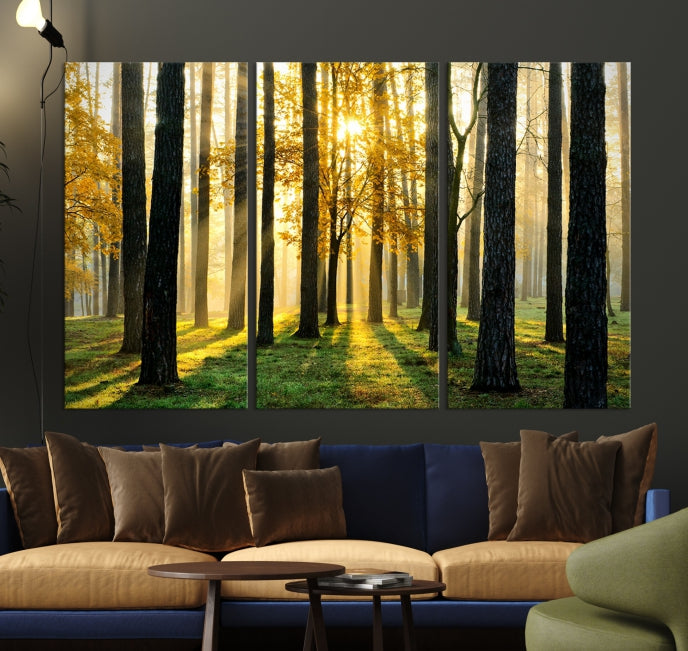 Lienzo decorativo para pared con diseño de árboles forestales y sol