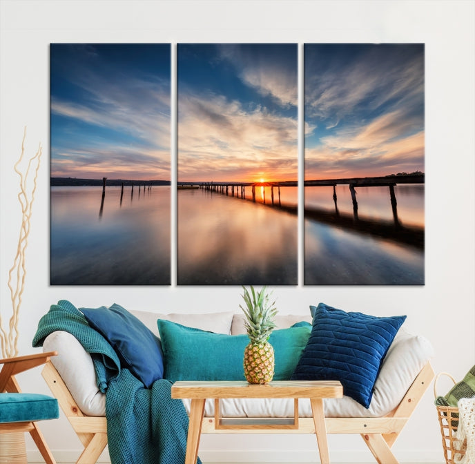 Wooden Pier on Seascape and Sunset Wall Art Canvas Print