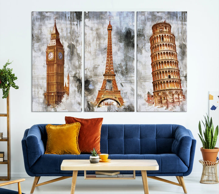 Set of Big Ben Eiffel Tower and Tower of Pisa Wall Art Canvas Print Multi Panel Wall Art Birthday Gift Printable Art Kitchen