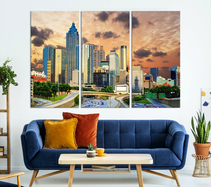 Atlanta City Lights Coucher de soleil Skyline Paysage urbain Vue Art mural Impression sur toile