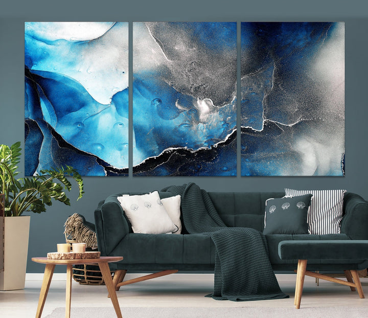 Arte de pared grande con efecto fluido de mármol azul y negro, lienzo abstracto moderno, impresión artística de pared