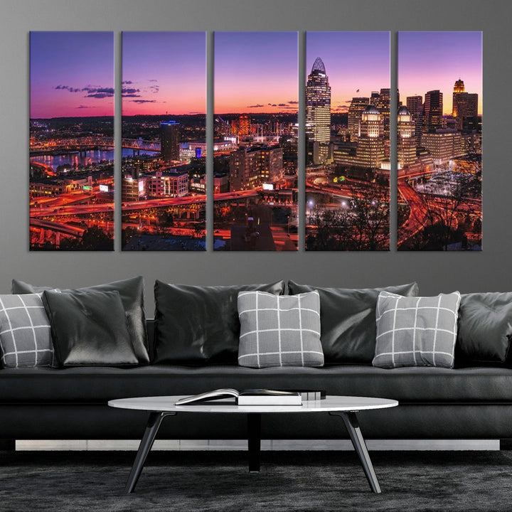 Impresión en lienzo de arte de pared grande con vista del paisaje urbano del horizonte púrpura del atardecer de la ciudad de Cincinnati