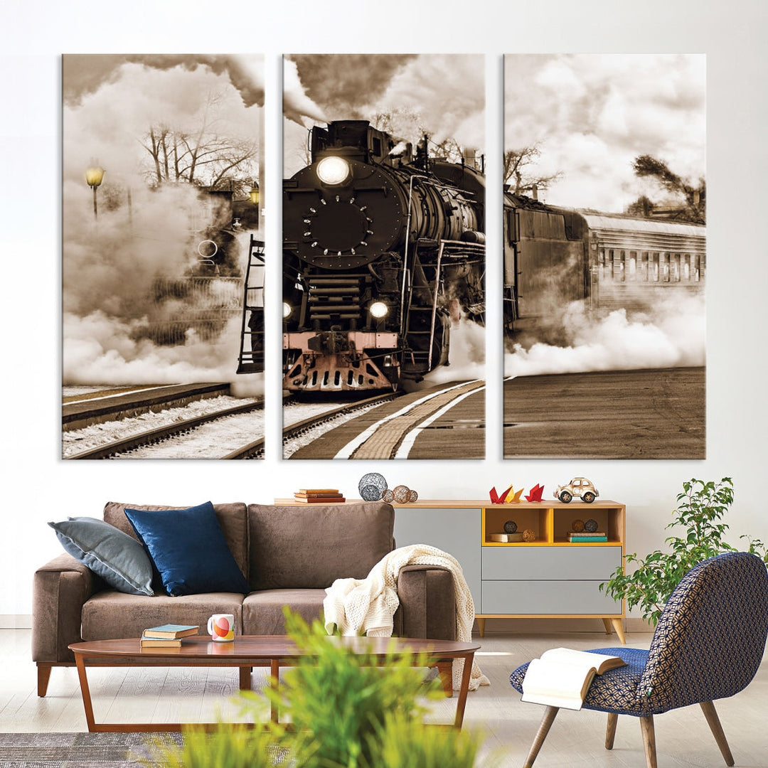Toile de train à vapeur noire, impression d'art mural, toile d'art de locomotive à vapeur