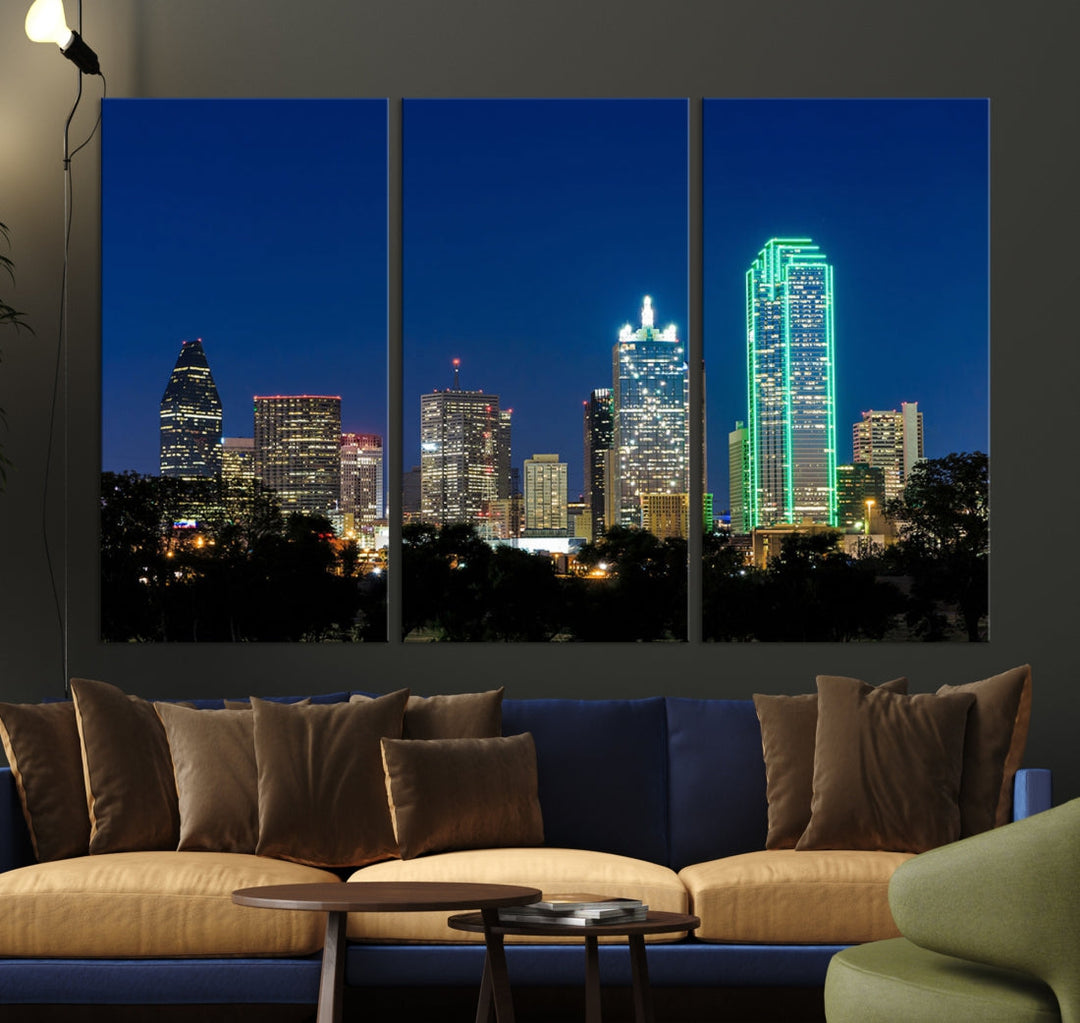 Dallas City Night Blue Skyline Paysage urbain Vue murale Impression sur toile