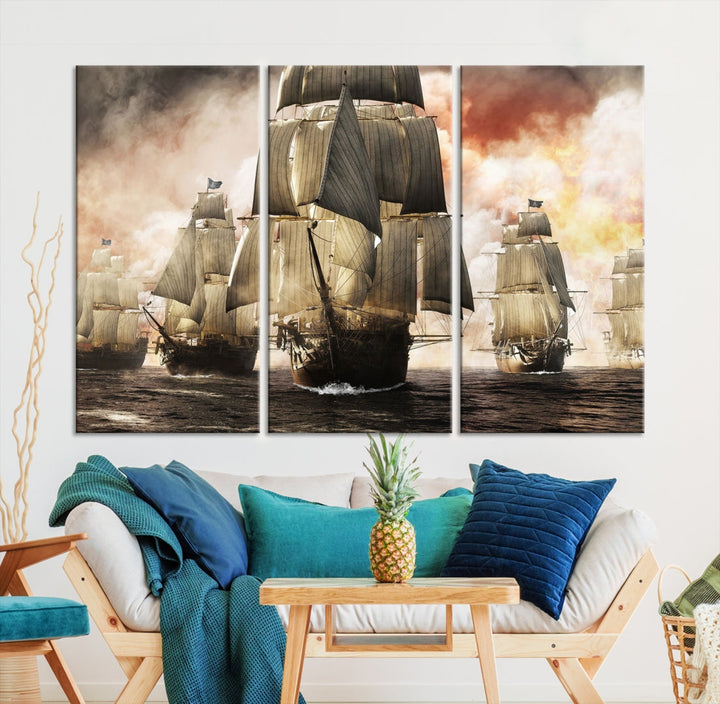 Flota pirata lienzo pared arte impresión barcos piratas gran lienzo impresión vintage pintura arte náutico arte de la pared enmarcado listo para colgar
