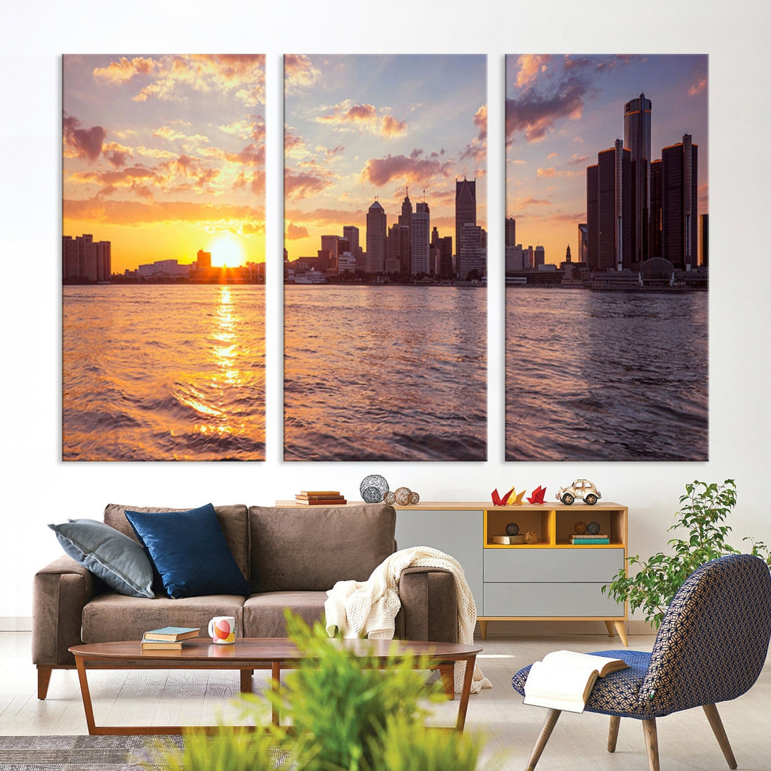 Detroit City Lights Sunrise Cloudy Skyline Cityscape View Wall Art Impression sur toile
