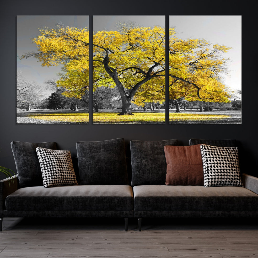 Toile murale avec grand arbre jaune, impression d'art, noir, blanc, jaune, peinture artistique