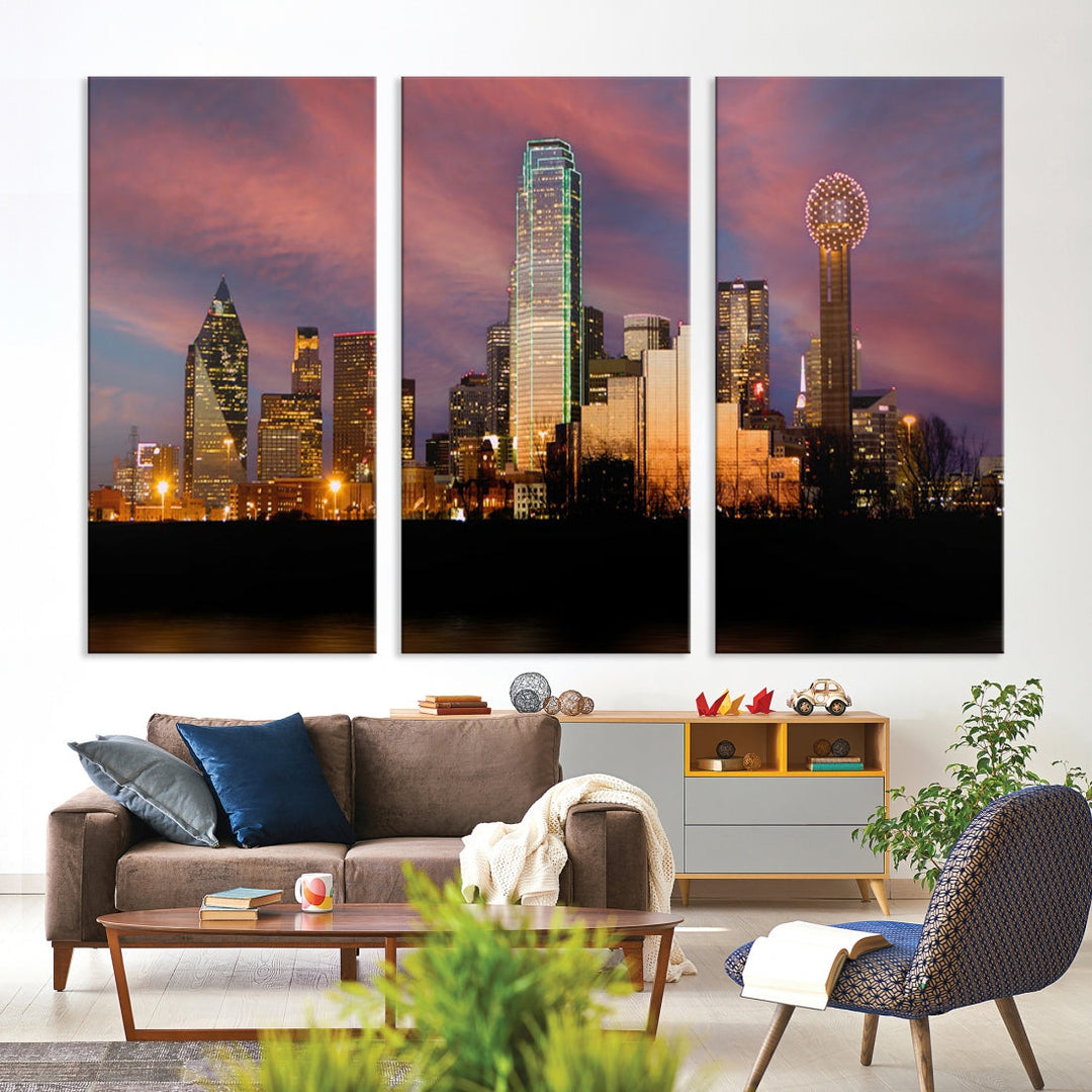 Luces de la ciudad de Dallas Puesta de sol Colorido horizonte nublado Vista del paisaje urbano Arte de pared grande Lienzo