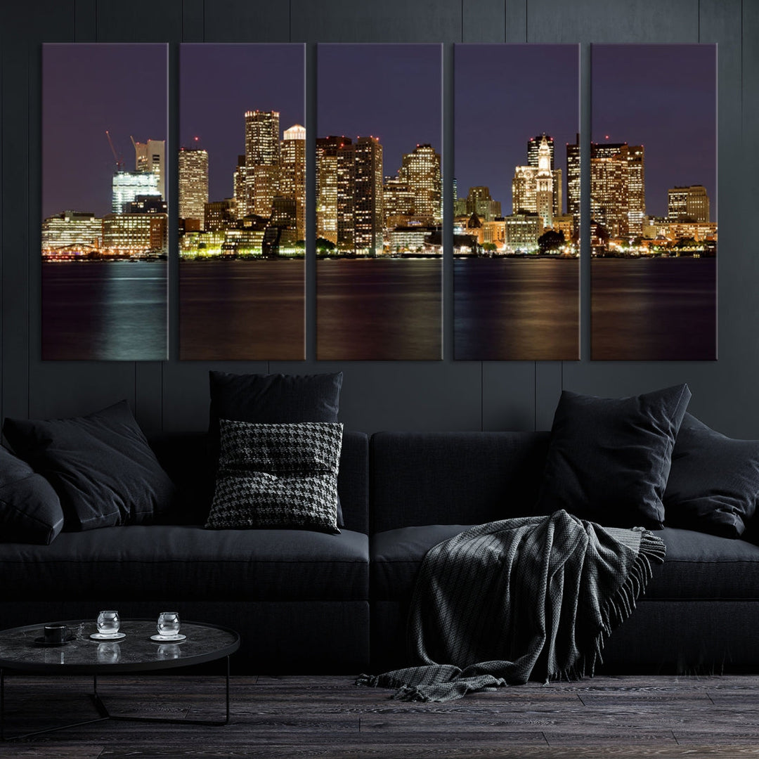 Impresión en lienzo de arte de pared grande con vista del paisaje urbano del horizonte nocturno de las luces de la ciudad de Boston