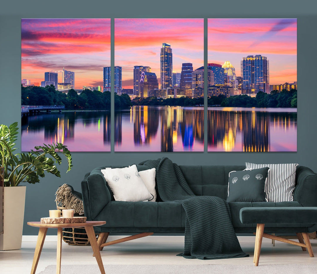 Luces de la ciudad de Austin Puesta de sol Vista del paisaje urbano del horizonte rosa Arte de pared grande Lienzo
