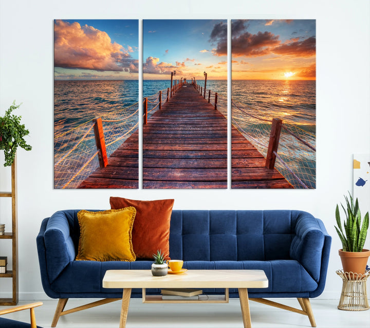 Sea Ocean Sunset Beach Wall Art Canvas Print, Cloud and Wood Pier on Sea