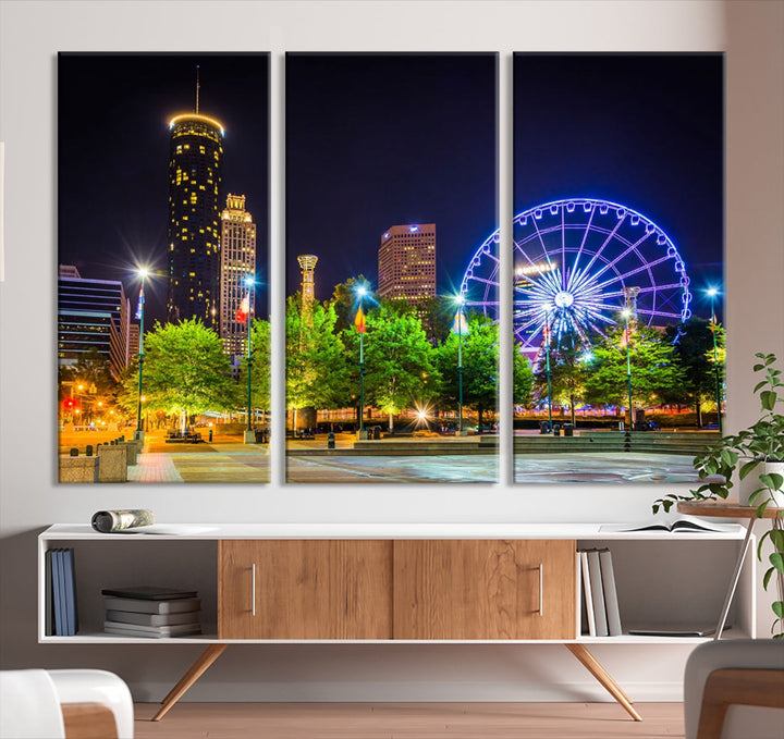 Atlanta City Night Ferris Wheel Cityscape View Wall Art Canvas Print