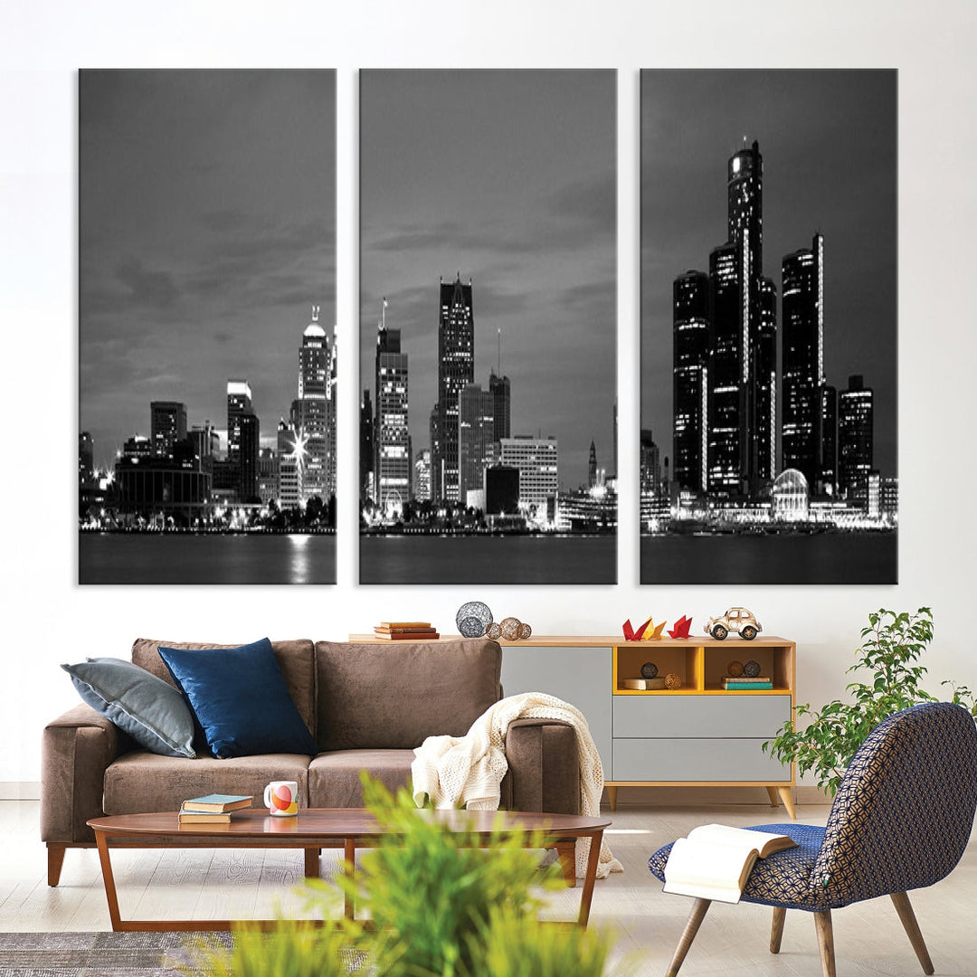 Detroit City Lights Skyline Arte de pared en blanco y negro Paisaje urbano Lienzo