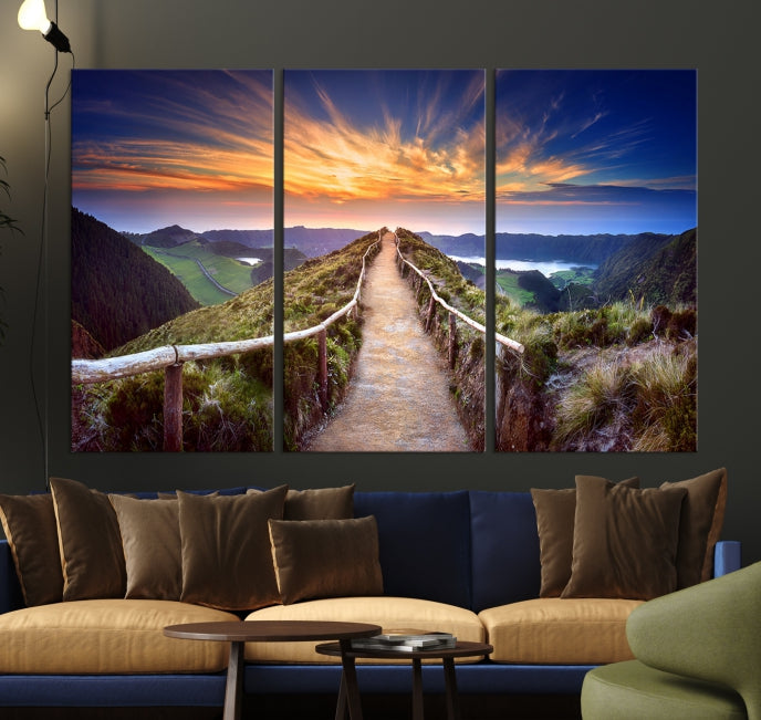 Lienzo decorativo para pared grande con montaña y puesta de sol