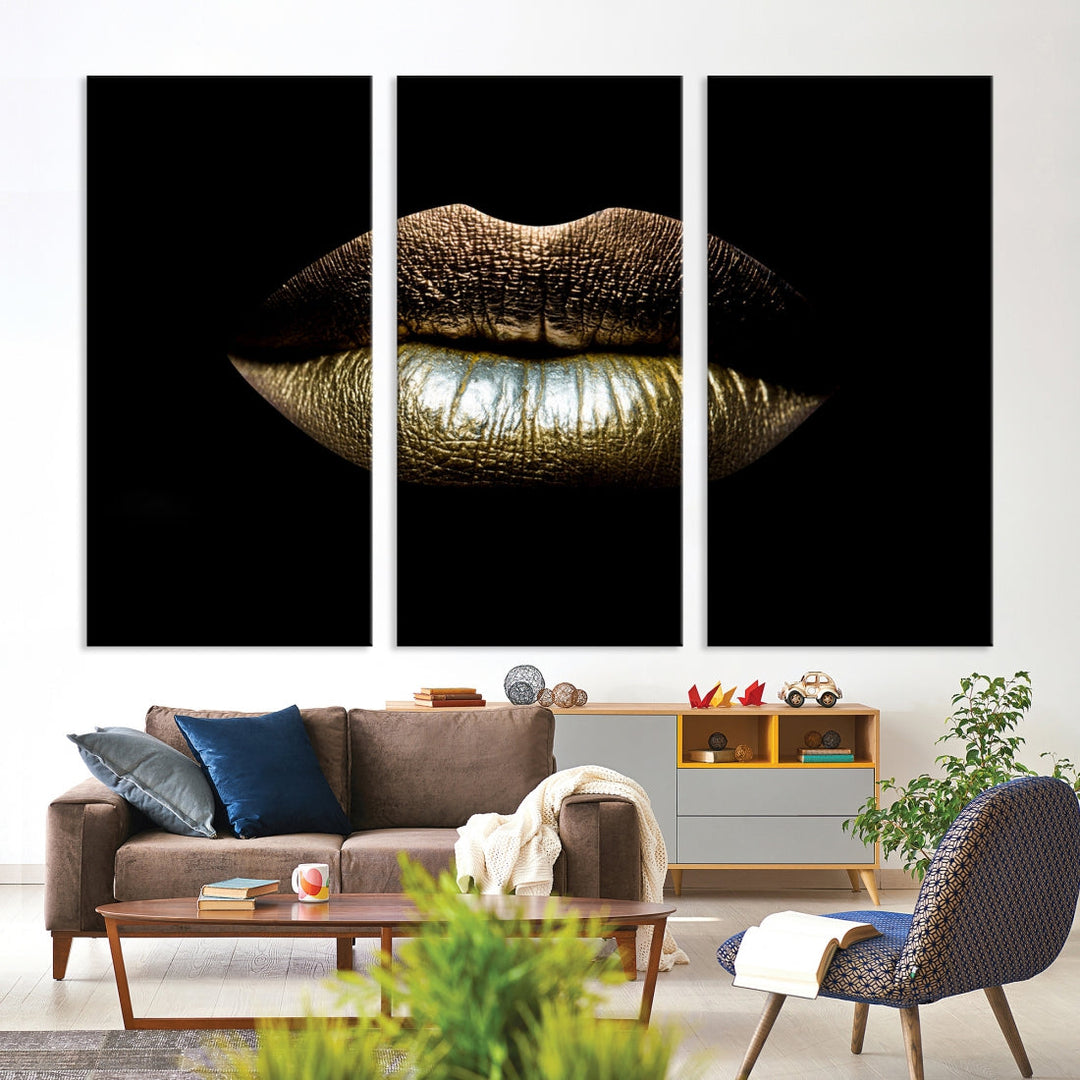 Toile de maquillage avec lèvres dorées, Art mural, mode beauté, impression sur toile