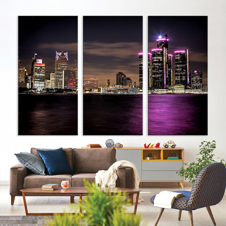 Detroit City Purple Lights Night Skyline Cityscape View Wall Art Impression sur toile