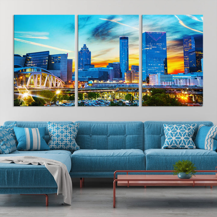 Luces de la ciudad de Atlanta Puesta de sol Vista del paisaje urbano del horizonte azul y naranja Arte de pared grande Lienzo