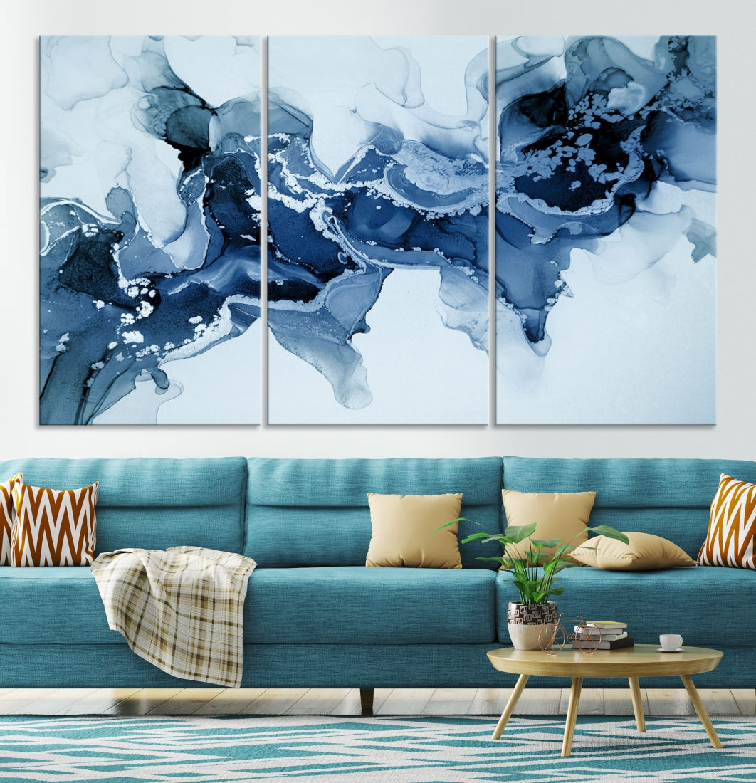 Impression d’art mural sur toile abstraite à effet fluide en marbre bleu glace