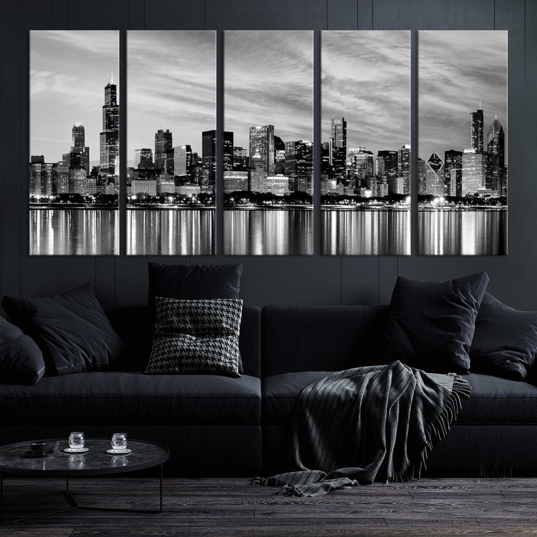 Horizonte nublado de la ciudad de Chicago Arte de pared en blanco y negro Paisaje urbano Lienzo