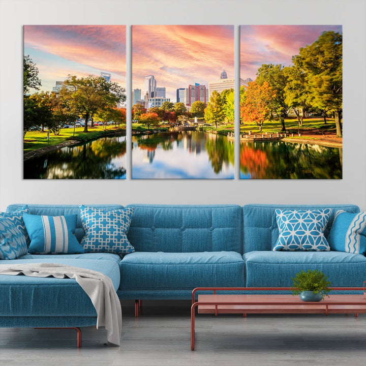 Charlotte City Park Sunset Rose et Orange Skyline Impression sur toile