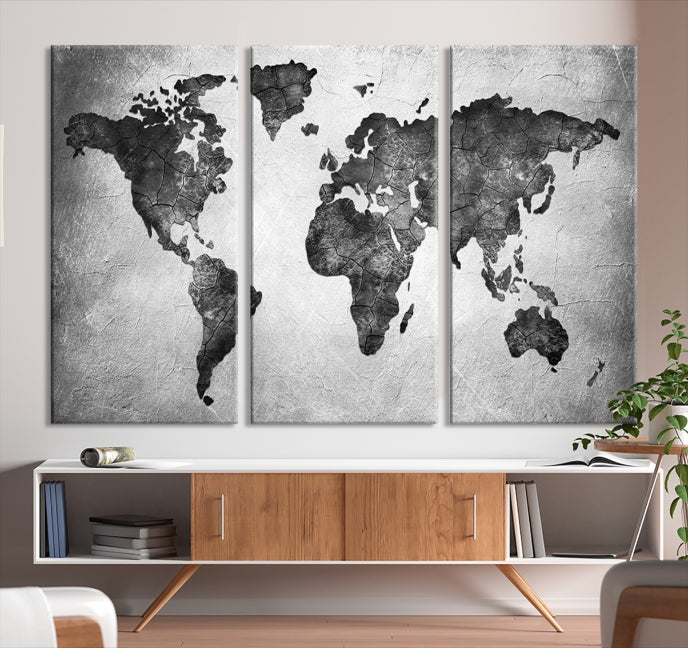Impresión artística en lienzo grande con mapa del mundo en negro y gris