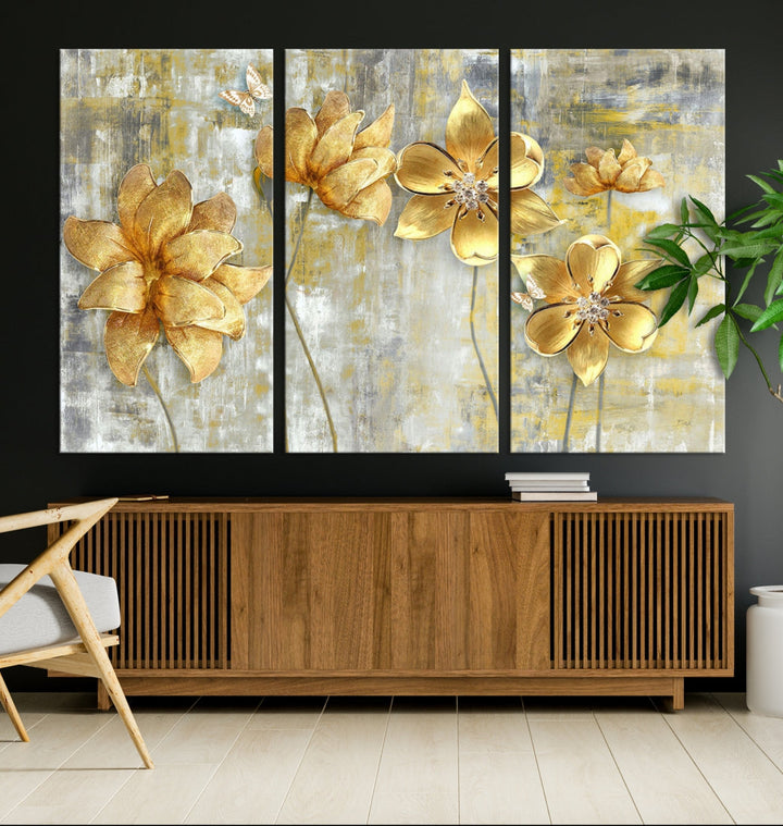 Lienzo decorativo para pared grande con flores doradas
