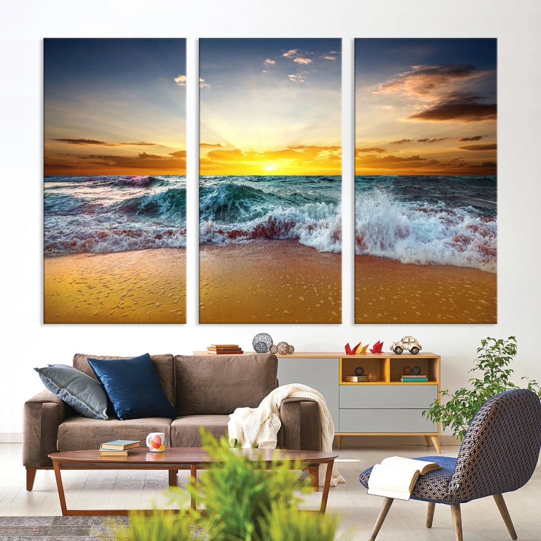 Sunset Wave and Ocean Wall Art Canvas Print