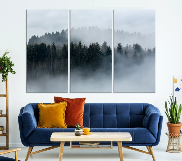 Impression sur toile d'art mural d'automne et d'arbres brumeux dans la forêt, impression sur toile d'art mural de montagne de forêt brumeuse
