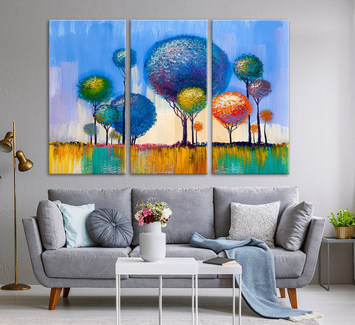 Oil Paint Effect Colorful Trees Wall Art Canvas Print