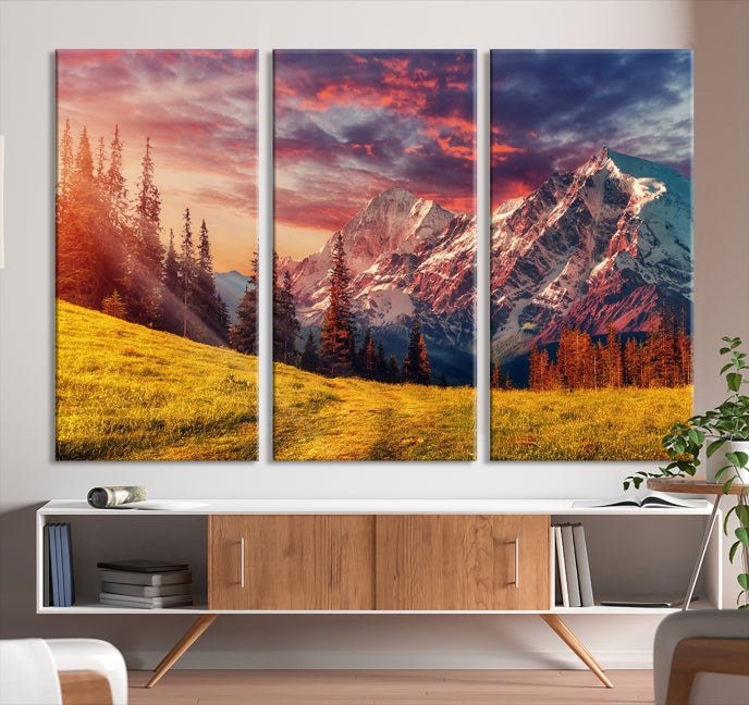 Mountain and Daylight Red Sunset Wall Art Canvas Print