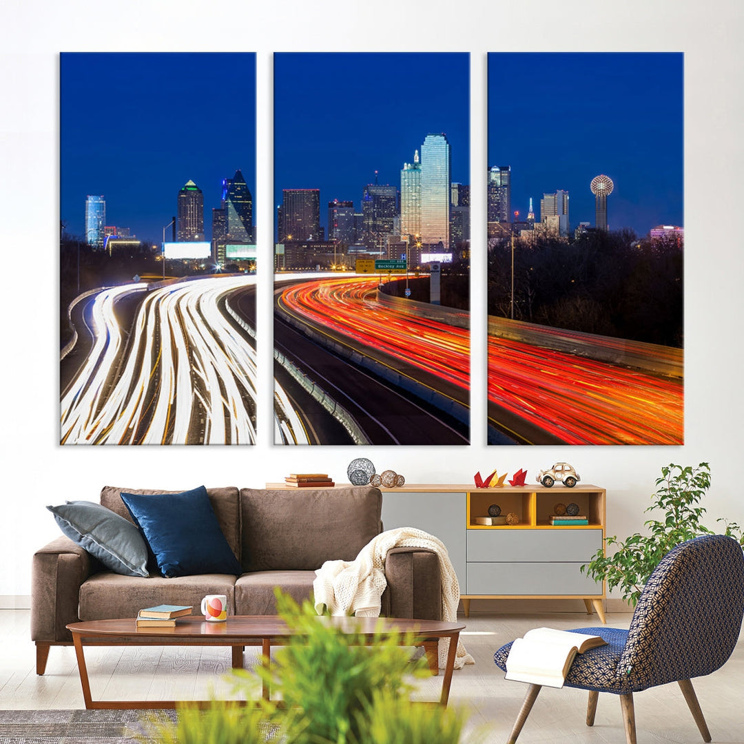 Dallas City Street Lights Night Skyline Cityscape View Wall Art Canvas Print