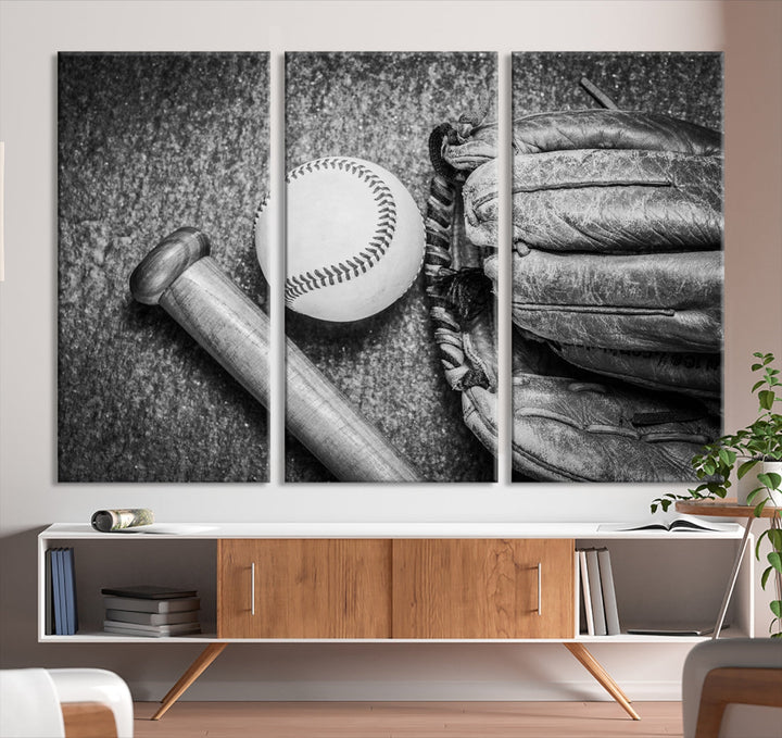 Vintage Baseball Glove and Bat Sports Wall Art Canvas Print