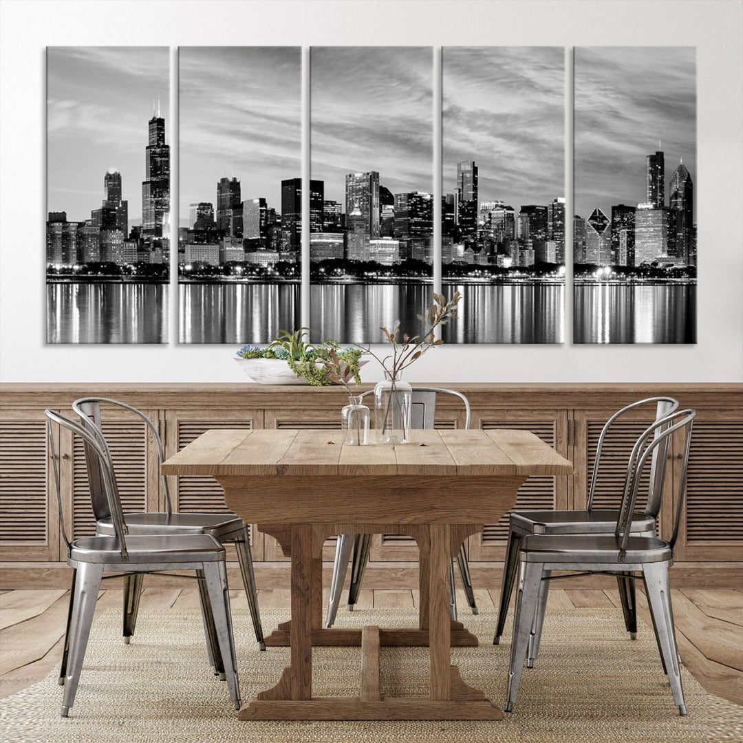 Chicago City Cloudy Skyline Black and White Wall Art Cityscape Canvas Print