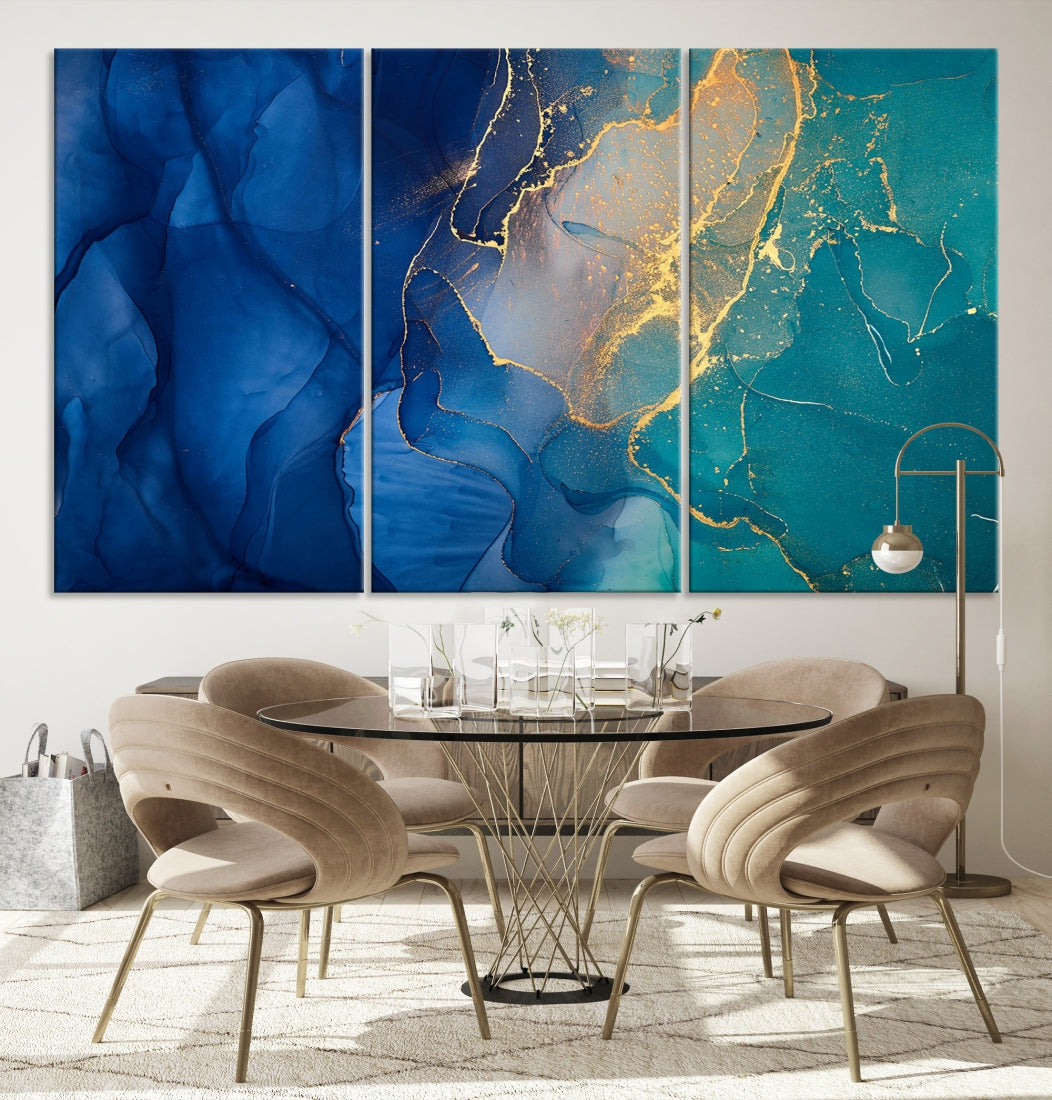 Navy Blue and Green Marble Fluid Effect Wall Art Abstract Canvas Wall Art Print