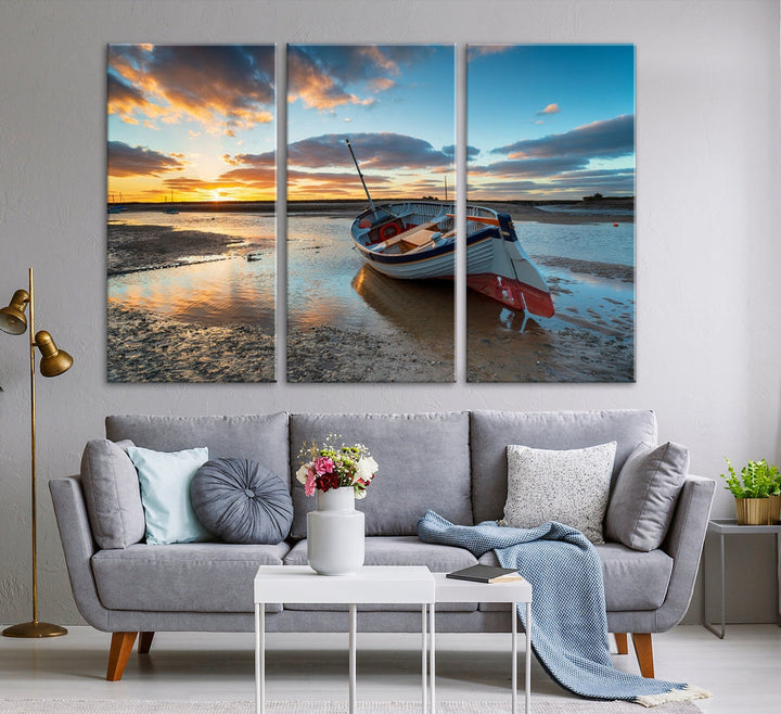 Small Boat At The Beach Sunset Wall Art Canvas Print