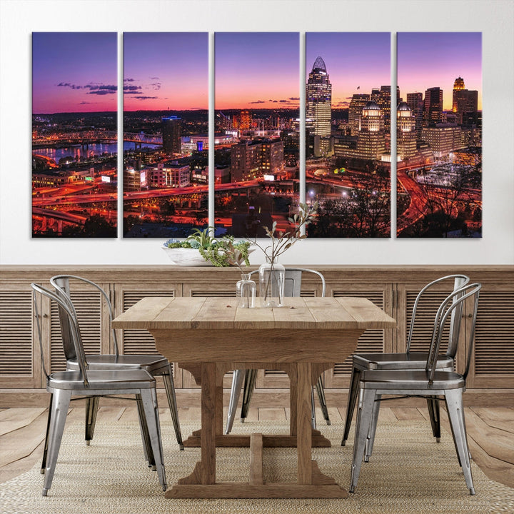 Cincinnati City Sunset Purple Skyline Cityscape View Wall Art Impression sur toile