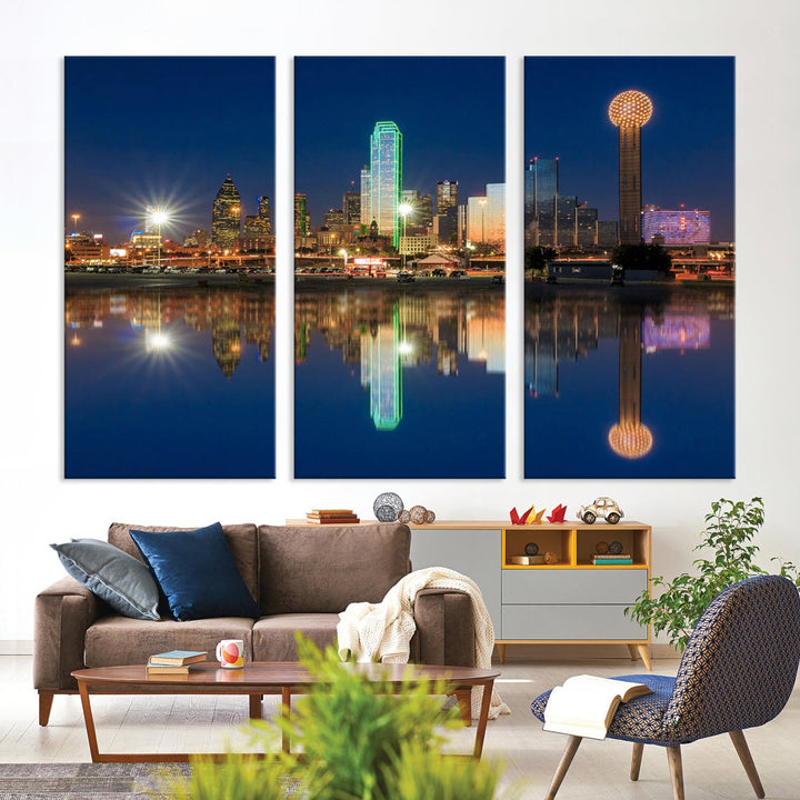 Dallas City Lights Night Skyline Cityscape View Wall Art Canvas Print