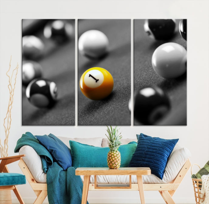 Mesa de billar con bolas de billar, arte de pared grande, impresión en lienzo