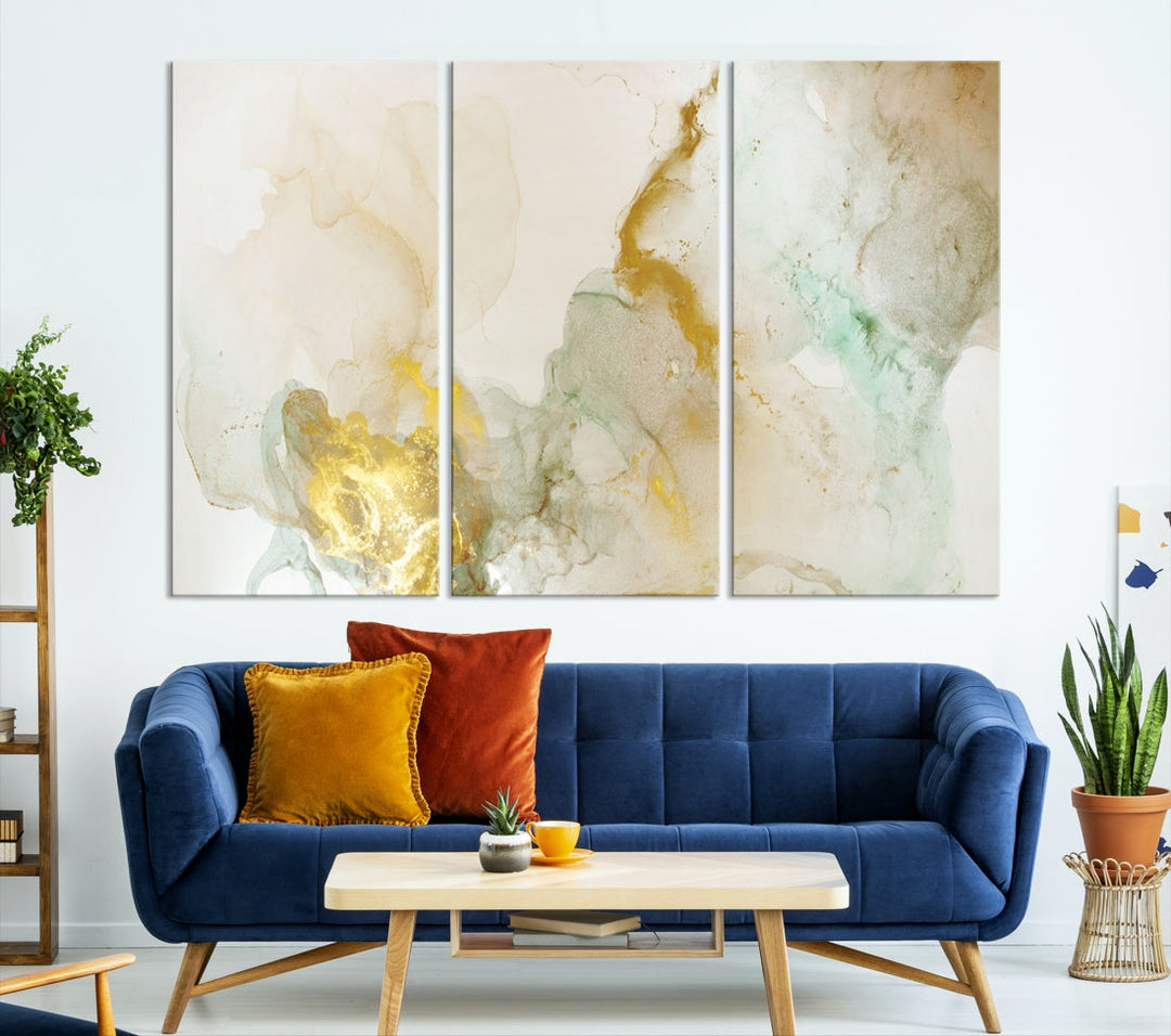 Arte de pared grande con efecto fluido de mármol amarillo, lienzo abstracto moderno, impresión artística de pared