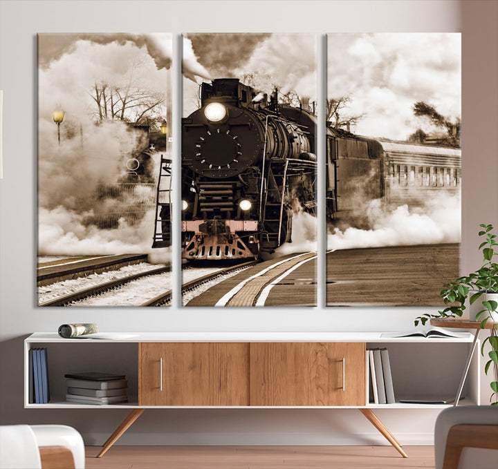 Lienzo de tren de vapor negro, arte de pared, impresión de locomotora de vapor, lienzo grande