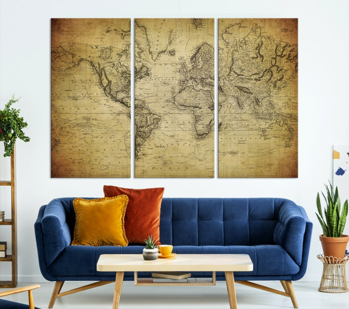 Carte du monde vintage Art mural Carte classique de style ancien Impression sur toile