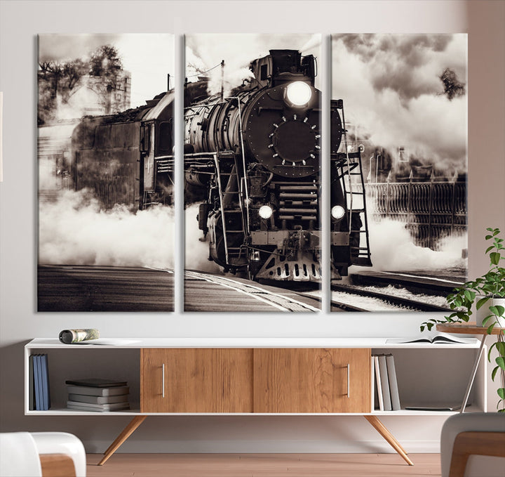 Impression d’art mural sur toile de locomotive à vapeur noire et blanche