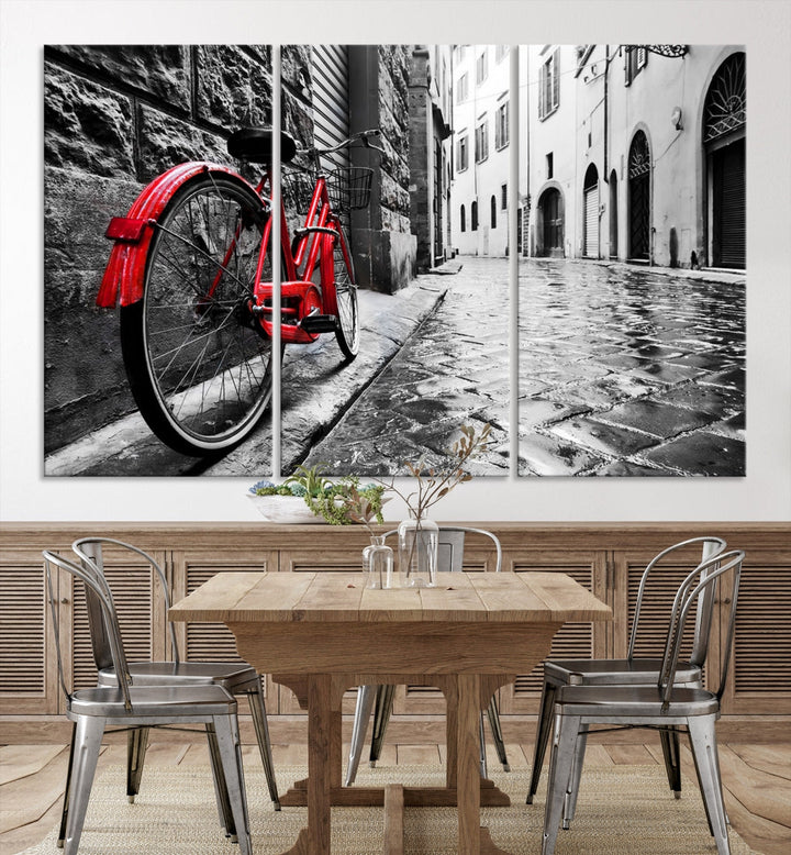 Vintage Red Bicycle on the Street Black and White Canvas Wall Art Print
