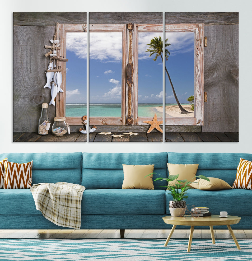 Art mural de fenêtre Plage relaxante Étoile de mer Coquillages Art nautique Œuvre d’art océanique
