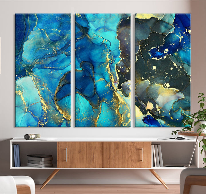 Neon Blue Marble Fluid Effect Wall Art Abstract Canvas Wall Art Print