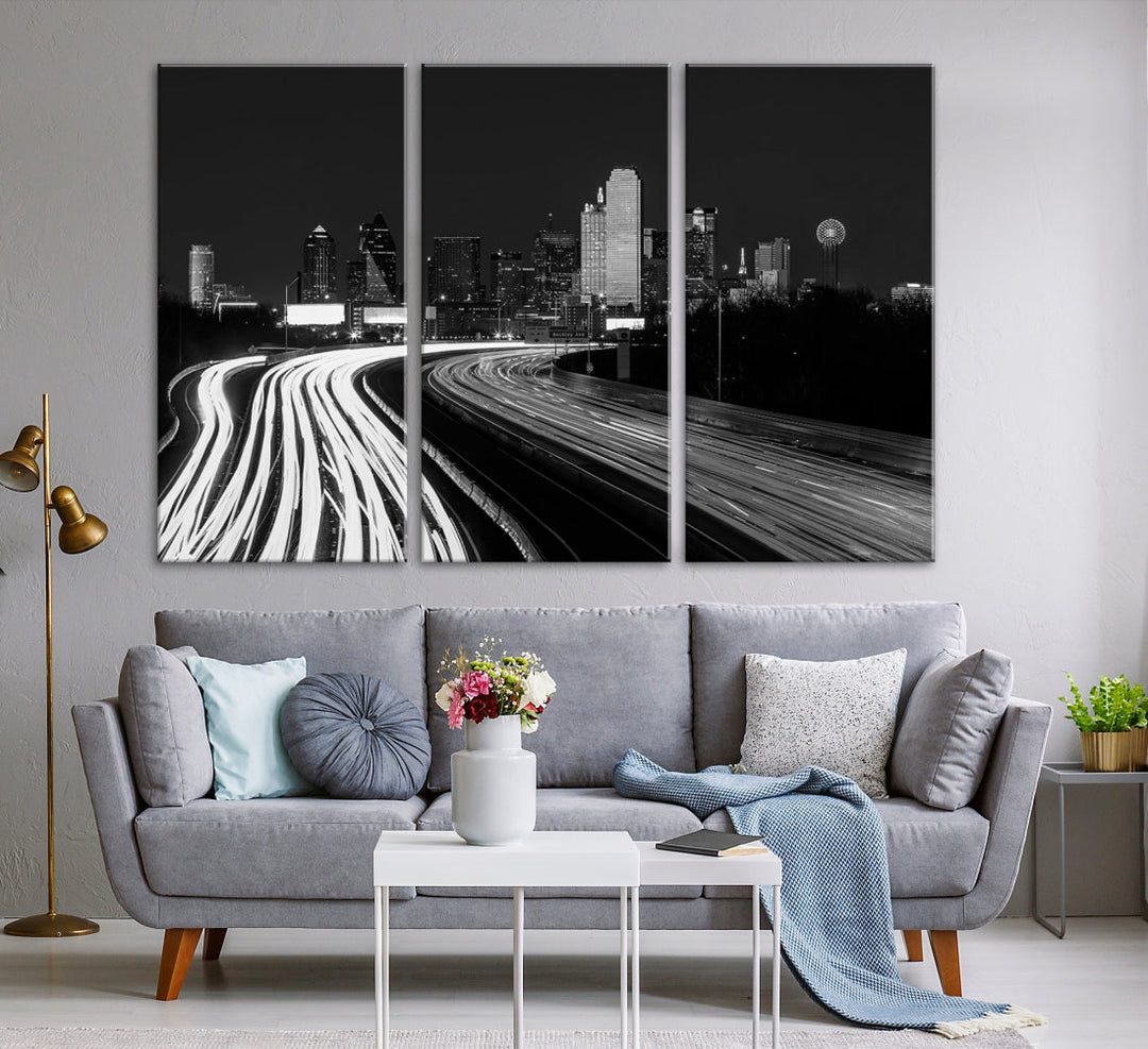 Dallas City Street Lights Skyline Art mural noir et blanc Paysage urbain Impression sur toile