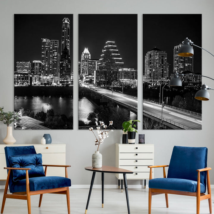 Austin City Lights Skyline Black and White Wall Art Canvas Print