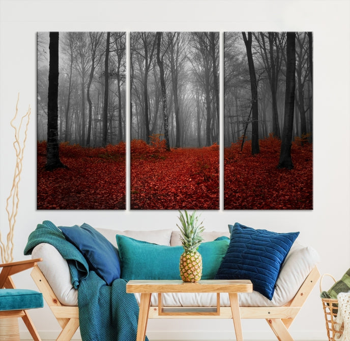 Arte de pared de bosque oscuro y hojas rojas Lienzo