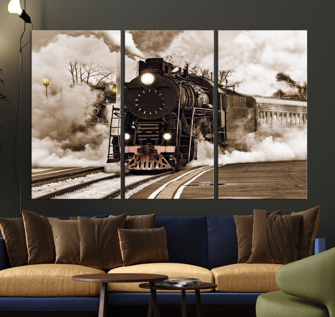 Toile de train à vapeur noire, impression d'art mural, toile d'art de locomotive à vapeur